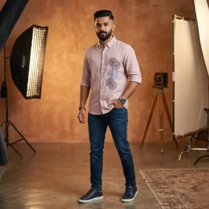Dusty pink linen shirt with subtle embroidery soft and comfortable