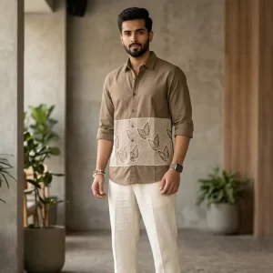 Men brown cotton shirt with white embroidery detail modern casual wear