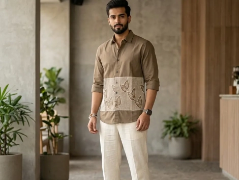 Men brown cotton shirt with white embroidery detail modern casual wear