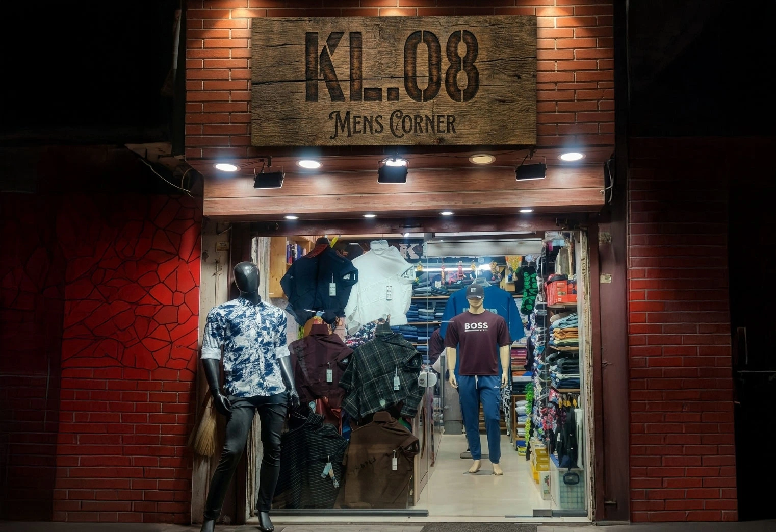 A small men’s clothing shop named “KL.08 Mens Corner” with mannequins displaying shirts and casual outfits at the entrance.